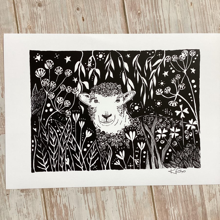 Black and White Sheep print, Boho Wall Art, Sheep in Nature print