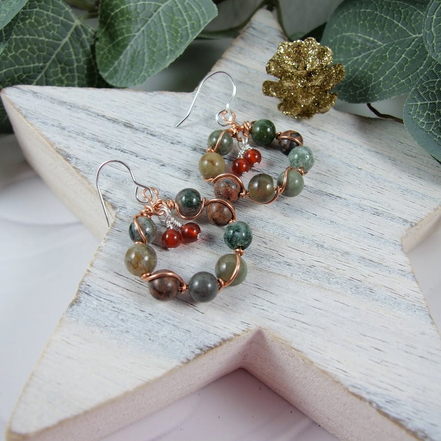 Earrings, Christmas Wreath Copper with Agate, Carnelian & Silver Ear Wires