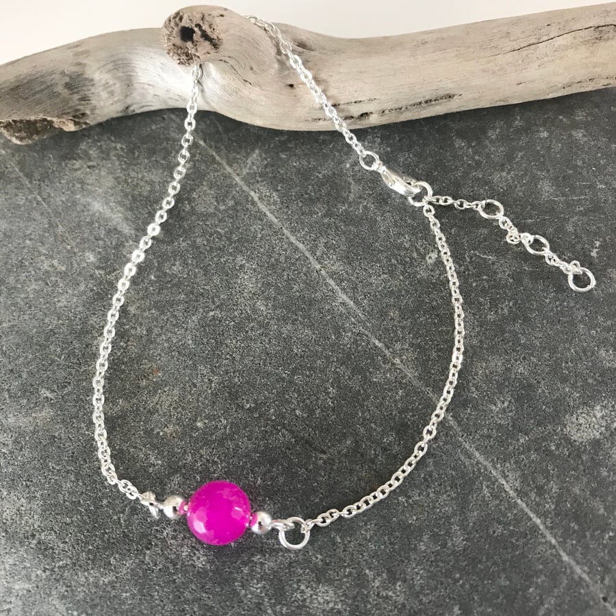 Hot pink gemstone bead anklet bracelet 
