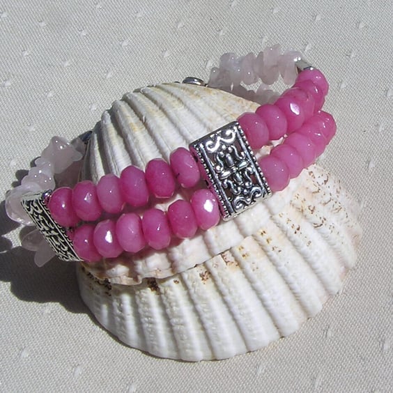 Pink Morganite & Rose Quartz Gemstone Beaded Bracelet "Wild Rose"