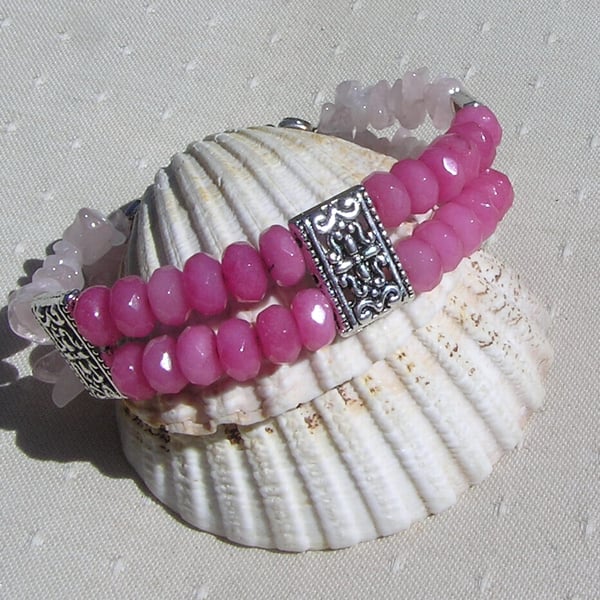 Pink Morganite & Rose Quartz Crystal Gemstone Bracelet "Wild Rose"