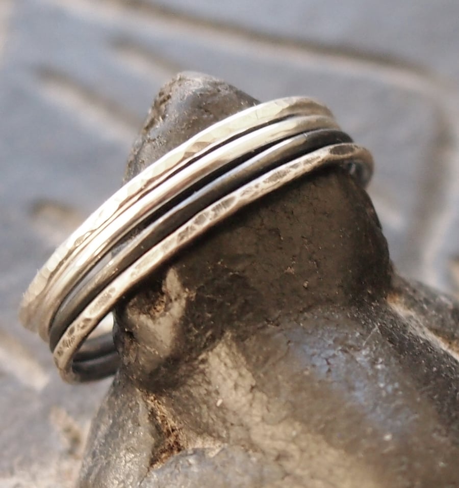 Four Sterling Silver Skinny Rings Oxidised and Polished