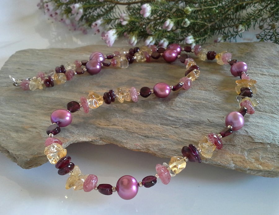  Garnet, Freshwater Pearls, Citrine,  Sterling Silver Necklace