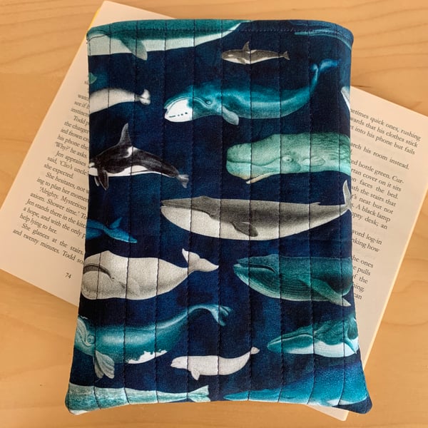 Whale Print Fabric Quilted Book Sleeve - Paperback Size