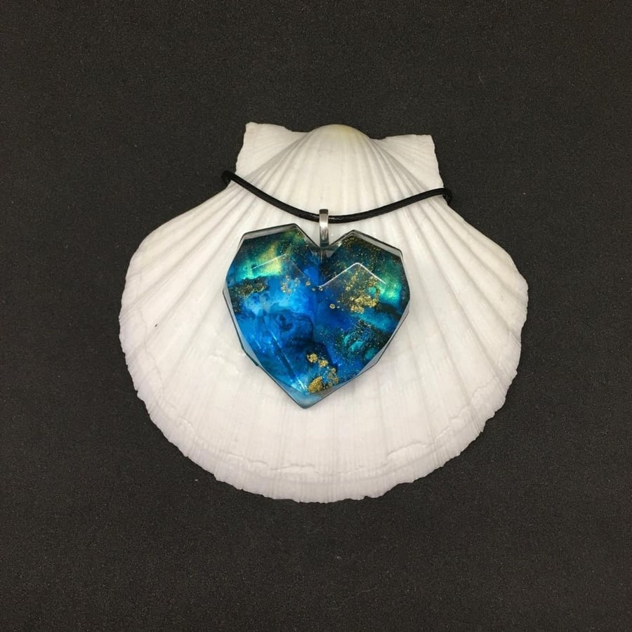 Turquoise blue and gold heart pendant, resin and ink with necklace.