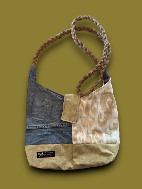 Sustainable Slow Fashion Bag – Yellow & Lime Fabric with Tab Fastening