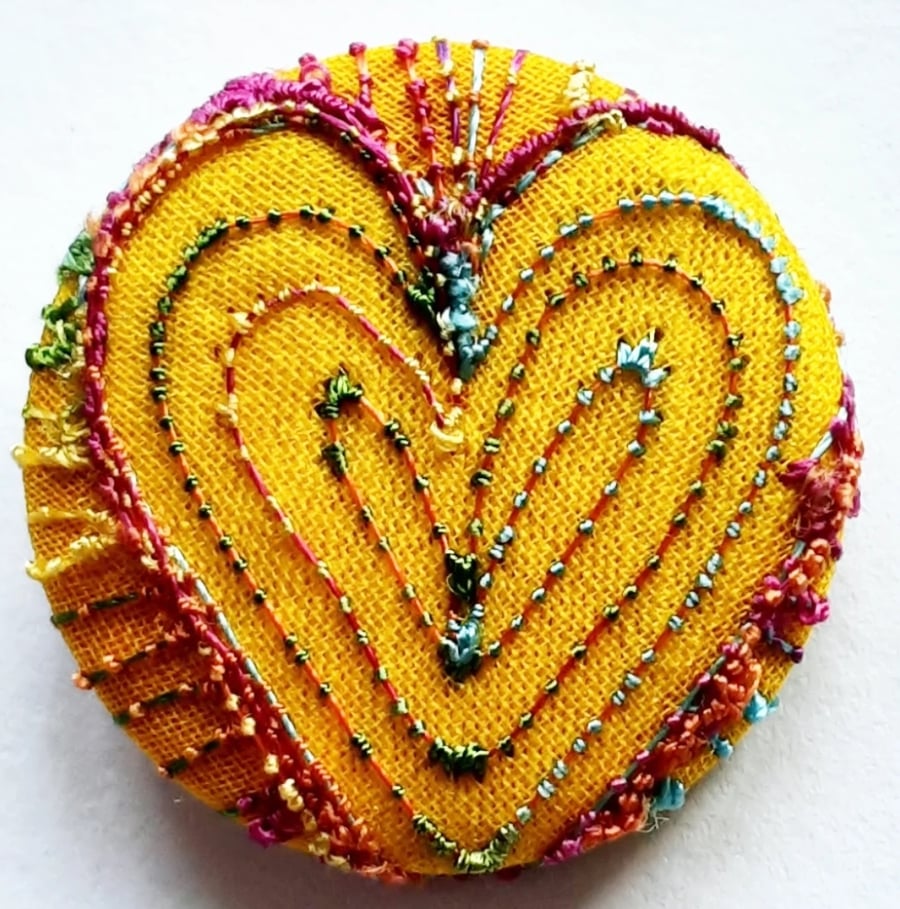 1 inch badge Hand Dyed Silks and Cottons Free Machine Embroidery