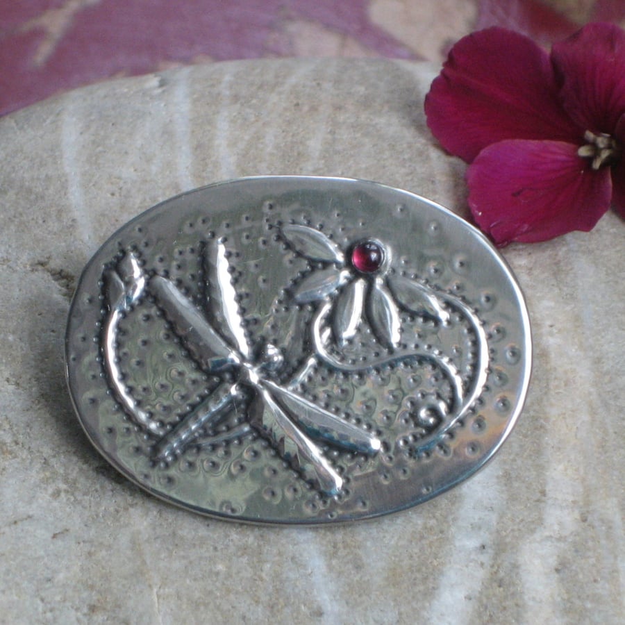 Dragonfly Garnet Brooch in Silver Pewter