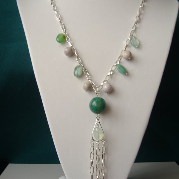 Green Agate, White Malachite & Amazonite Tassel Necklace  - Handmade 