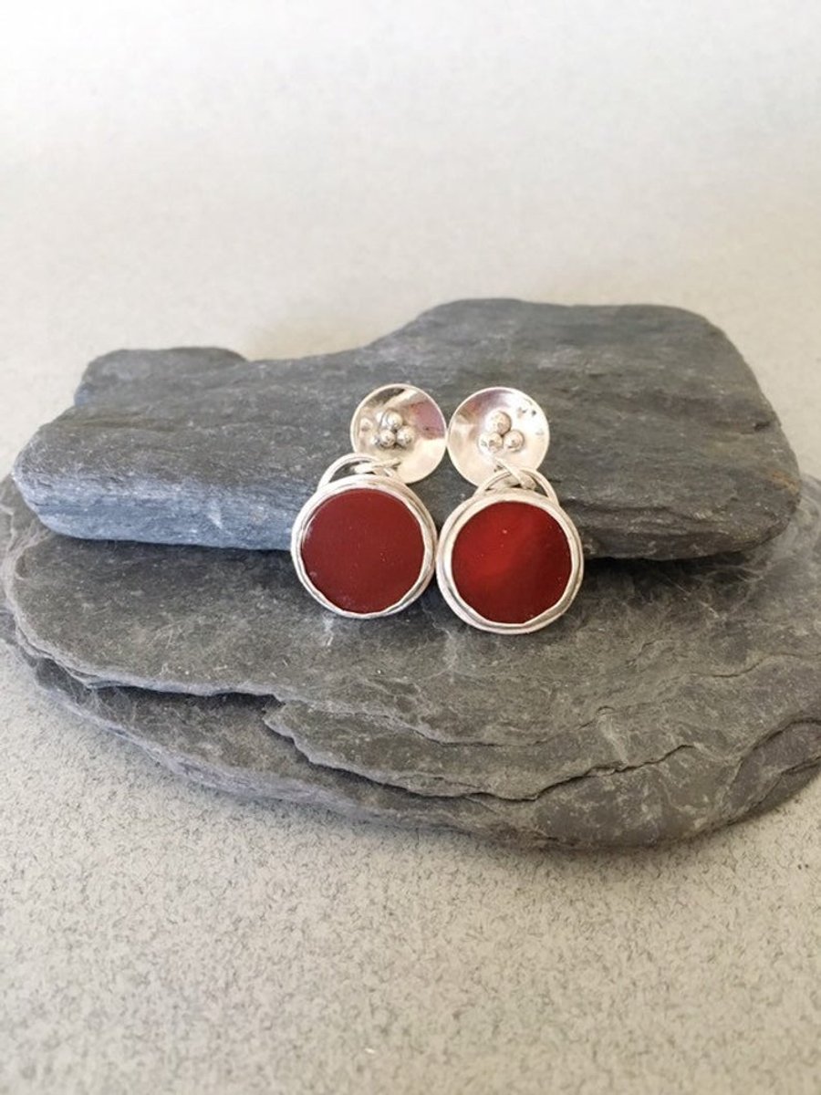 Silver Earrings - Red Stone Earrings - Artisan Earrings
