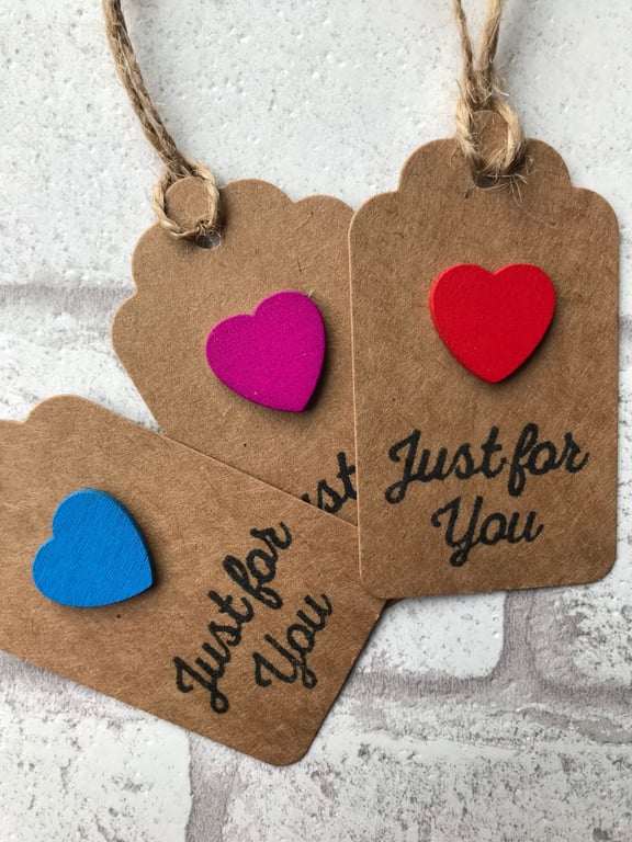 Handmade Wooden Heart Gift Tags, 'Just for You' Sentiment, Kraft Card (10 Pack)