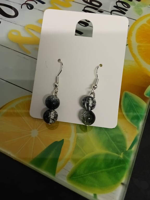Lovely silver plated , glass bead drop earrings , mostly black & clear 