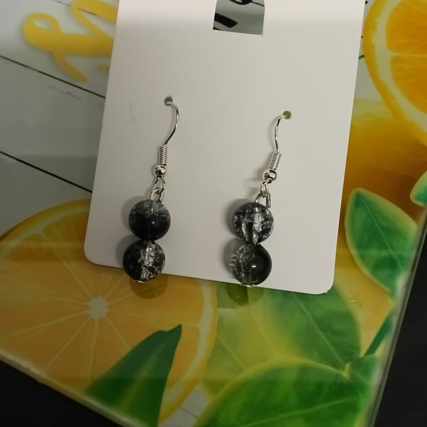 Lovely silver plated , glass bead drop earrings , mostly black & clear 