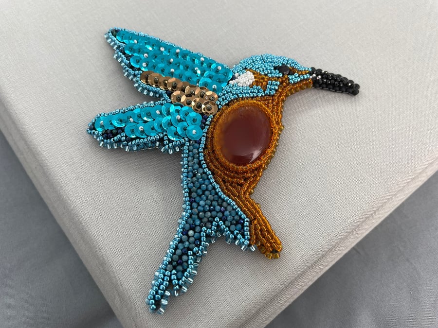 Sparkly Beaded Kingfisher Bird Brooch Pin with Orange Onyx & Neon Apatite 