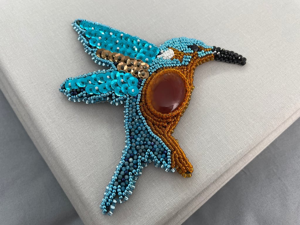 Sparkly Beaded Kingfisher Bird Brooch Pin with Orange Onyx & Neon Apatite 