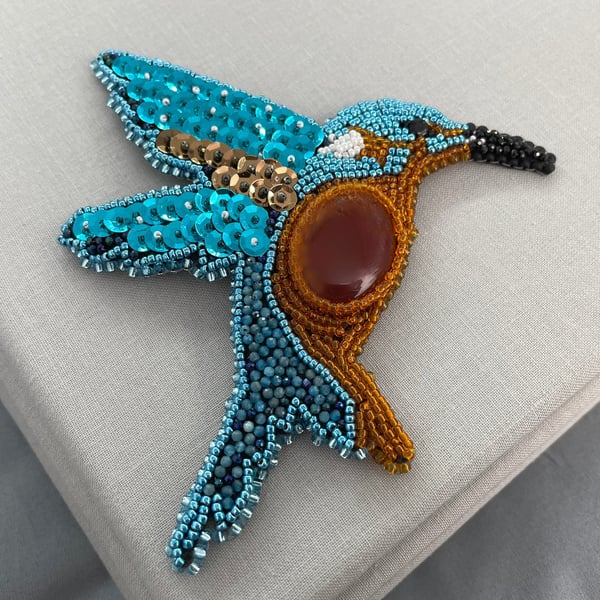 Sparkly Beaded Kingfisher Bird Brooch Pin with Orange Onyx & Neon Apatite 