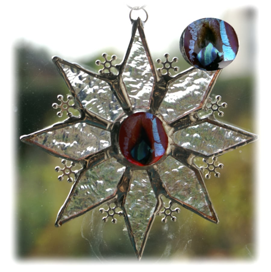 RESERVED Sparkly Star Suncatcher Stained Glass Snowflake Teal Red 9.5cm 044