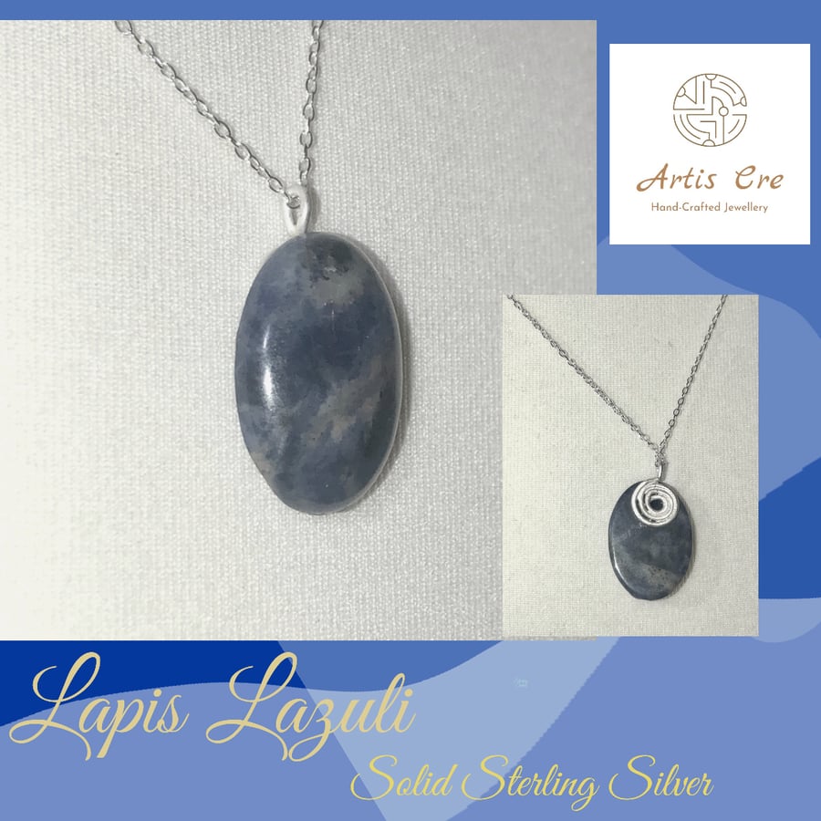 Natural Lapis Lazuli gemstone oval pendant solid Sterling Silver 925 20” chain