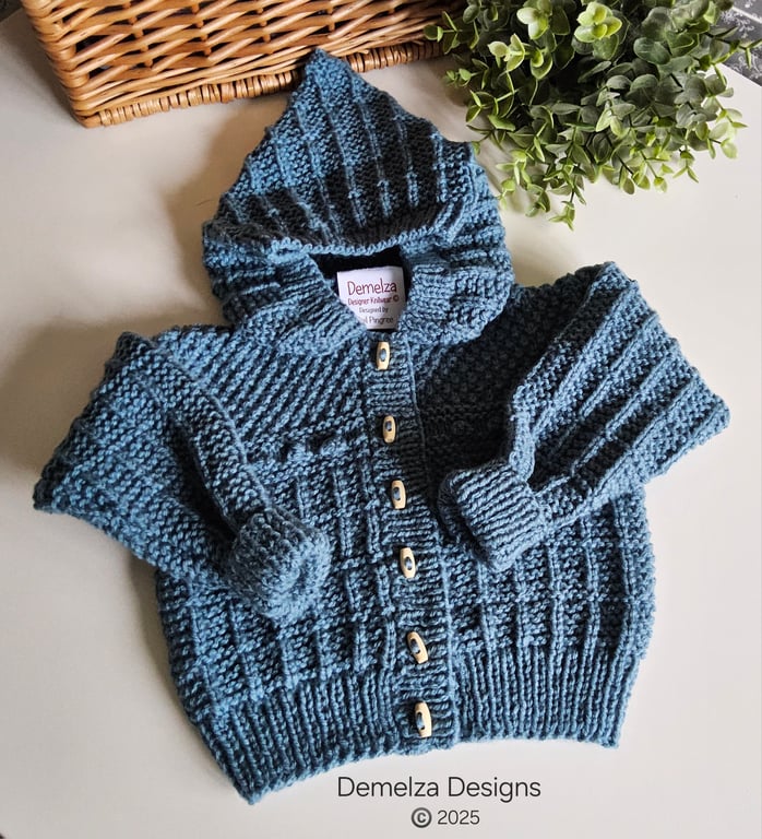 Baby Hand Knitted  Boys Hooded Jacket 3-9 months size.