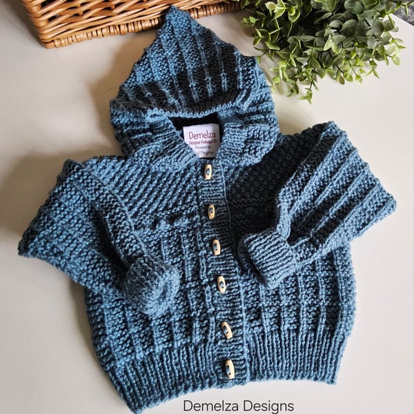 Baby Hand Knitted  Boys Hooded Jacket 3-9 months size.