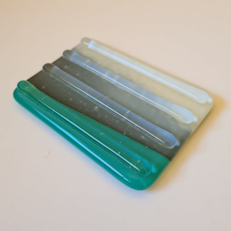 Small turquoise, grey and cream fused glass soap dish
