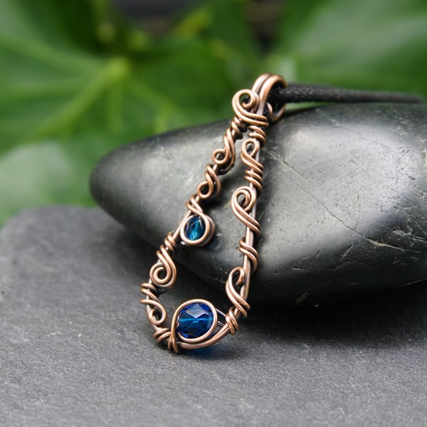 Copper Teardrop Pendant with Capri Blue Glass Beads - Wire Wrapped Pendant