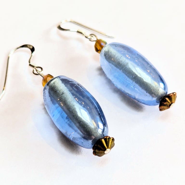 Blue Recycled Art Deco Glass Bead Earrings with Sterling Silver Ear Hooks