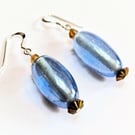Blue Recycled Art Deco Glass Bead Earrings with Sterling Silver Ear Hooks