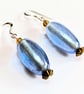 Blue Recycled Art Deco Glass Bead Earrings with Sterling Silver Ear Hooks