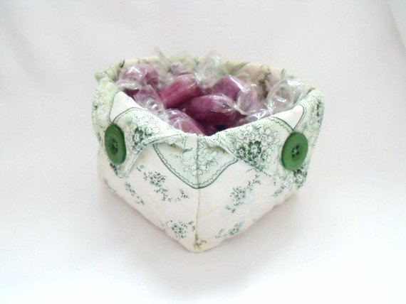  folded fabric storage tub for your bits and bobs, green and cream