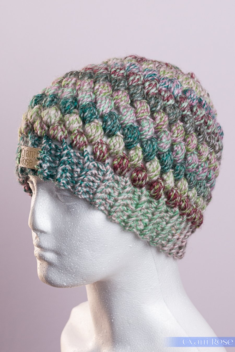 Beanie hat crochet puff stitch  mint choc chip colour handmade