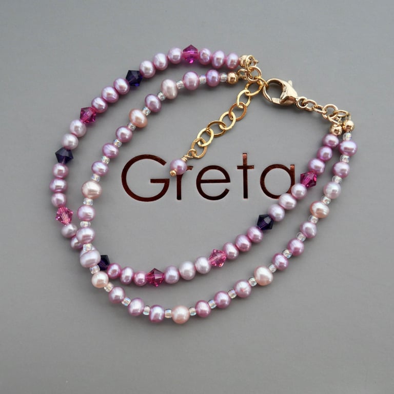 Double Strand Pearl and Swarovski Crystal Bracelet with Adjustable Clasp