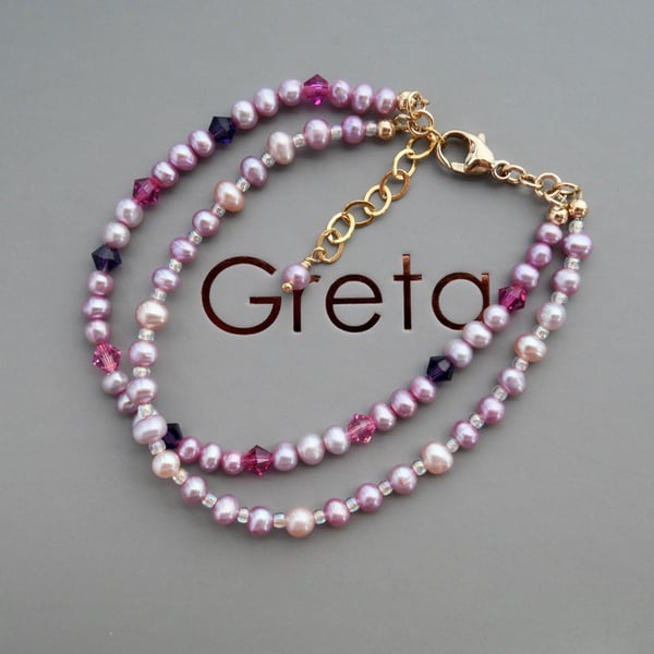 Double Strand Pearl and Swarovski Crystal Bracelet with Adjustable Clasp