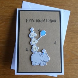 Hippo Birdie Happy Birthday Card - Blue