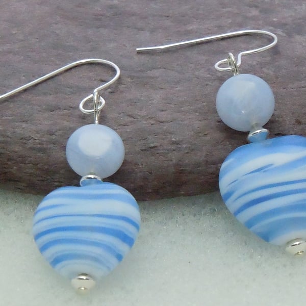 Sterling silver Lampwork glass & Blue lace Agate earrings