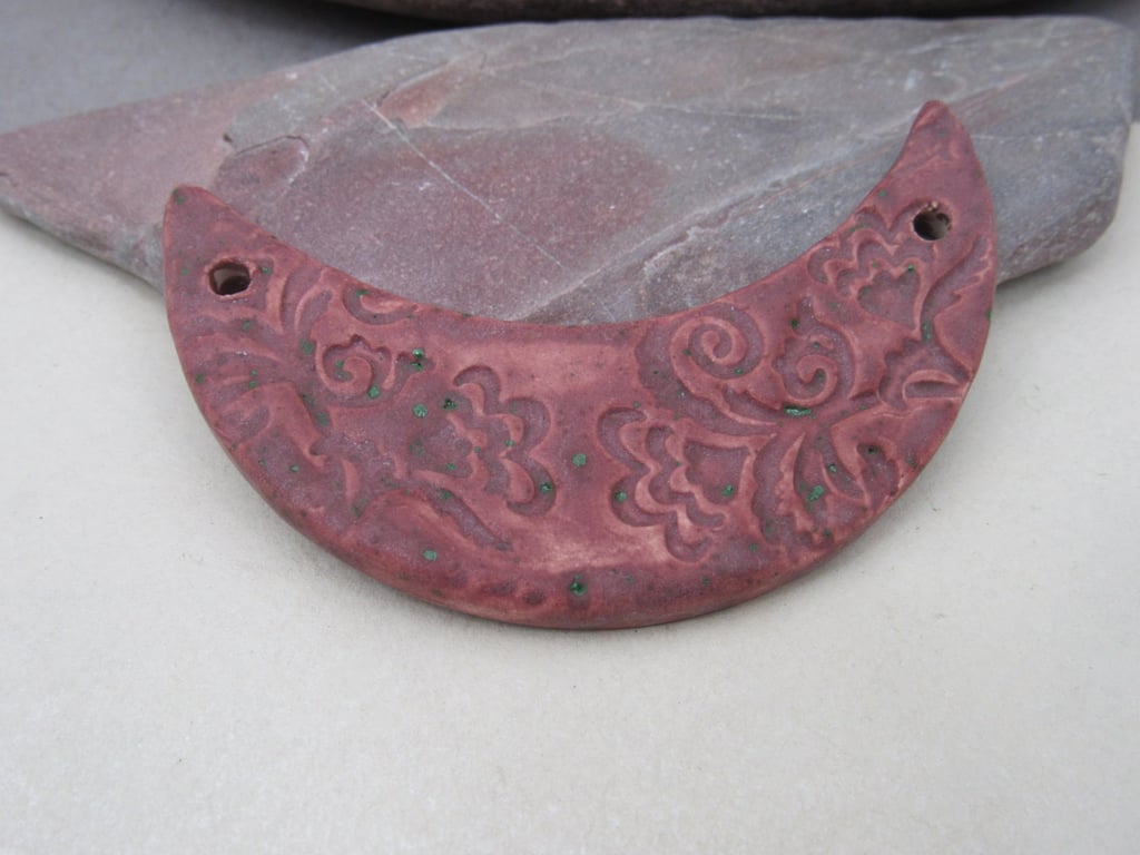 Speckled Damson Purple Brocade Ceramic Crescent Bib Pendant