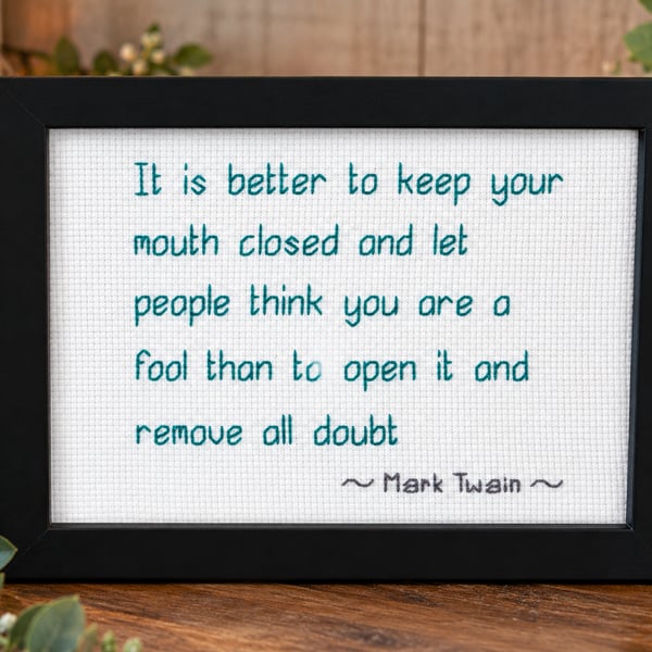 Handmade Framed Cross Stitch – Witty Mark Twain Quote –  7x5