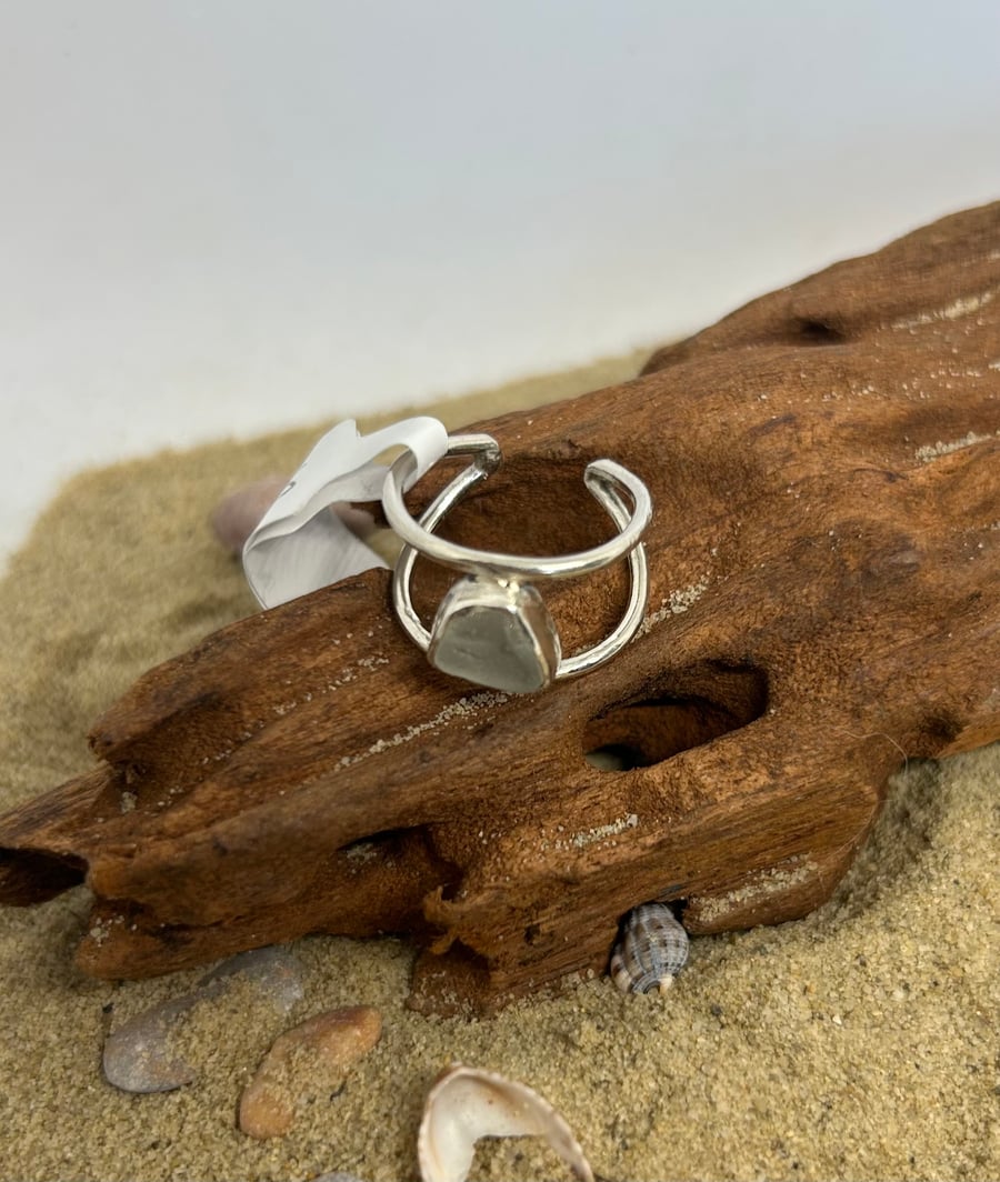 Handmade sterling silver and sea glass ring