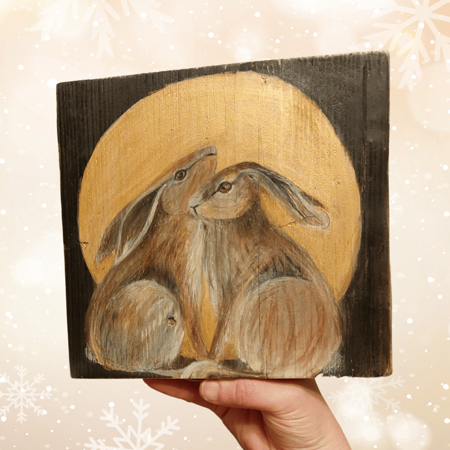 Moonlight Hares,  Art on reclaimed wood, unique original piece