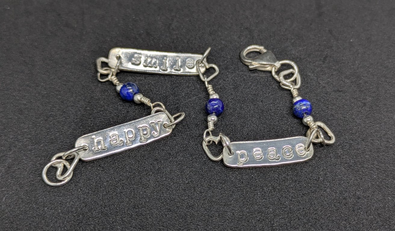 Silver bracelet, Silver bracelet with hearts, lapis beads and stamped sentiments