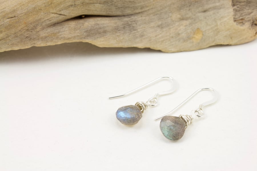 Sterling Silver Labradorite Faceted Heart Briolette Drop Earrings