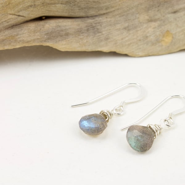 Sterling Silver Labradorite Faceted Heart Briolette Drop Earrings