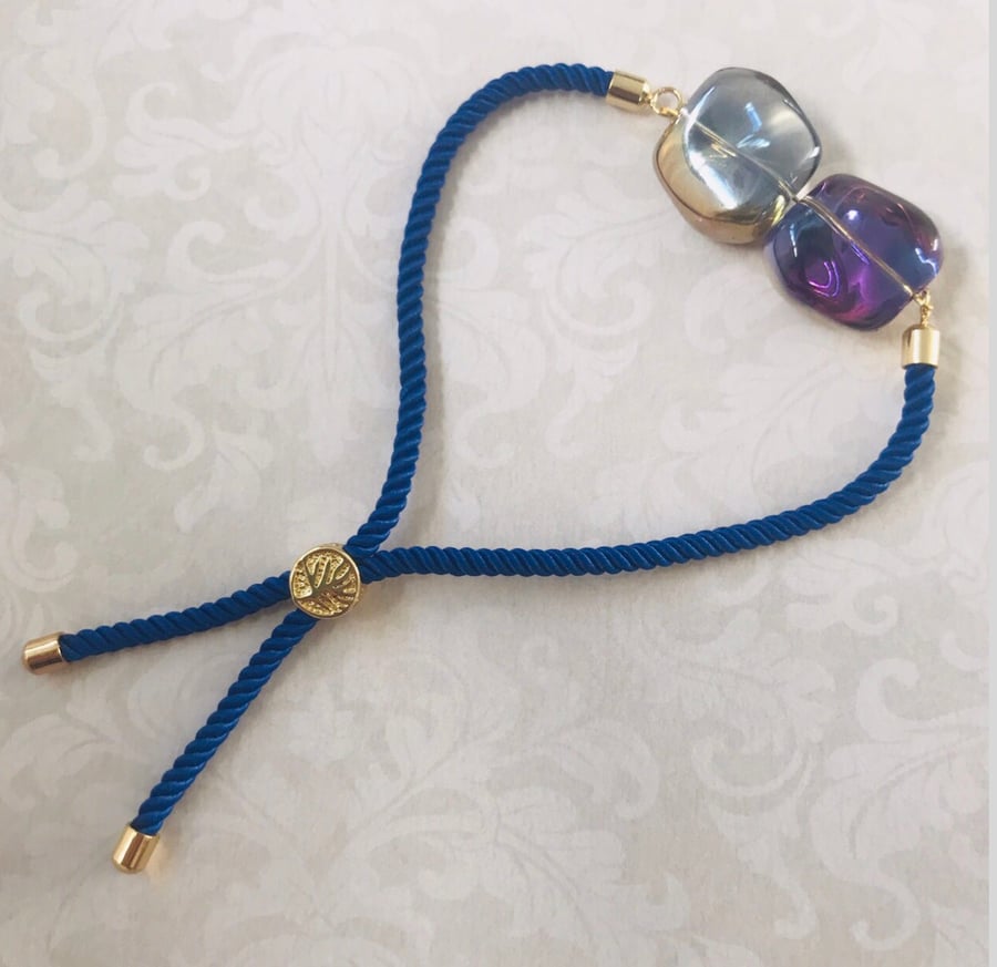 Blue Cord Bracelet With Irregular Czech Glass Beads