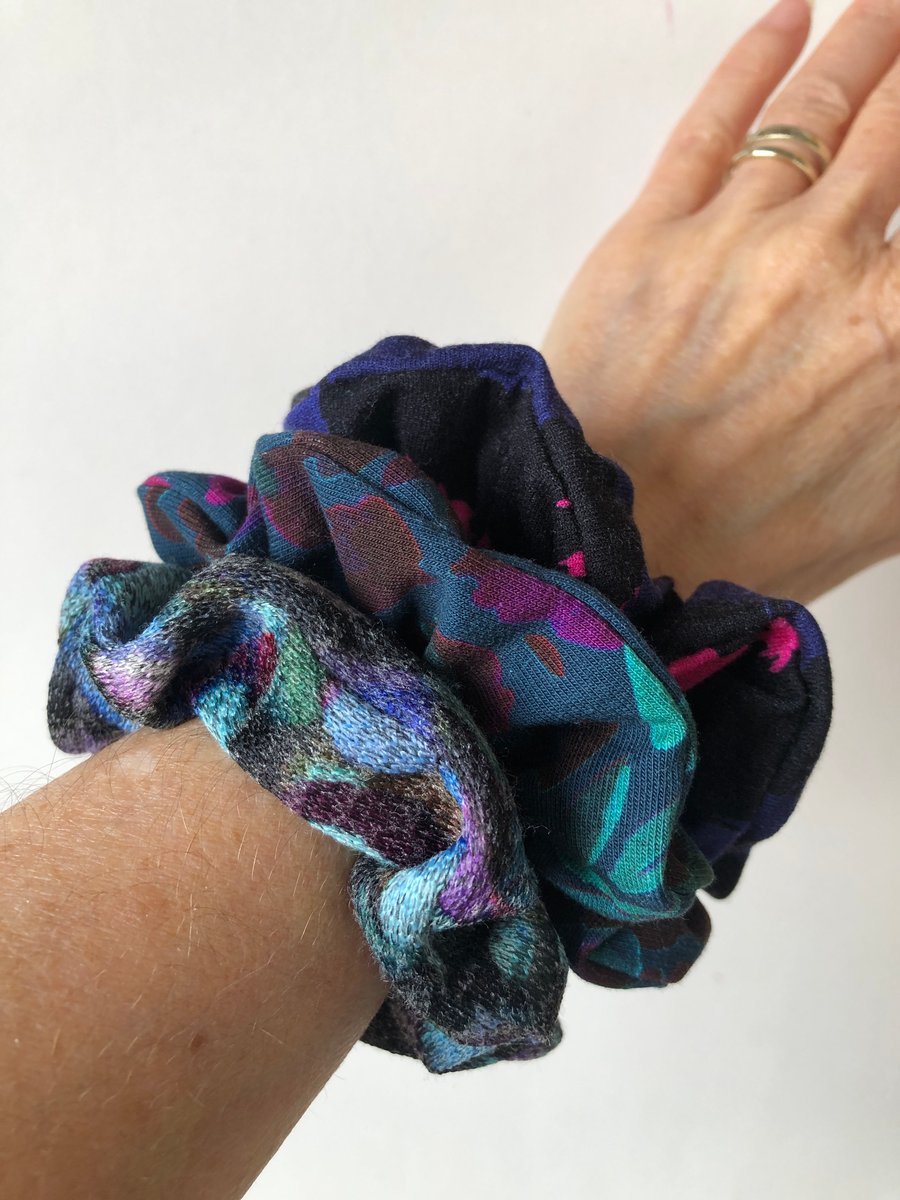 Handmade upcycled soft hair scrunchies in purple, pink and teal fabric