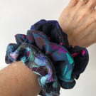 Handmade upcycled soft hair scrunchies in purple, pink and teal fabric