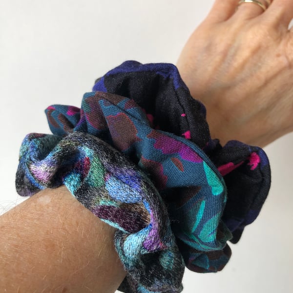 Handmade upcycled soft hair scrunchies in purple, pink and teal fabric