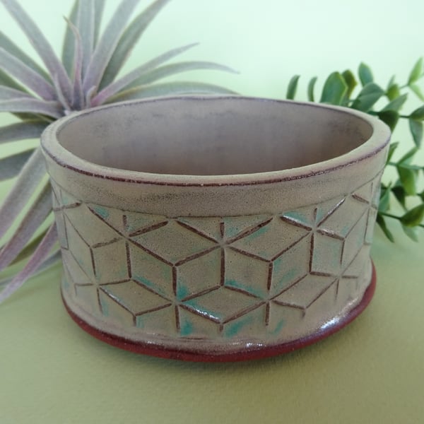 Beige blue oval geometric small plant pot on 4 feet