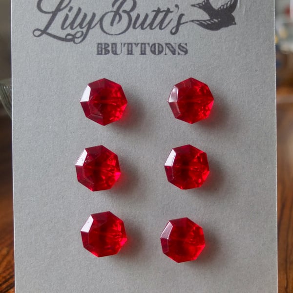 6 Vintage Red Glass Buttons 17mm
