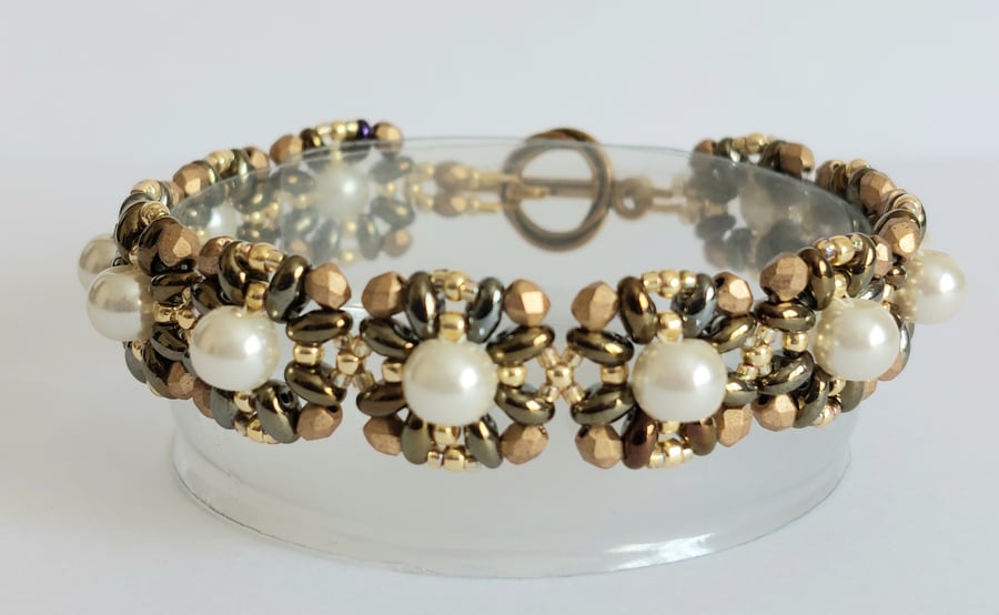 Square Panel bracelet with pearl centre - brown & gold colourway