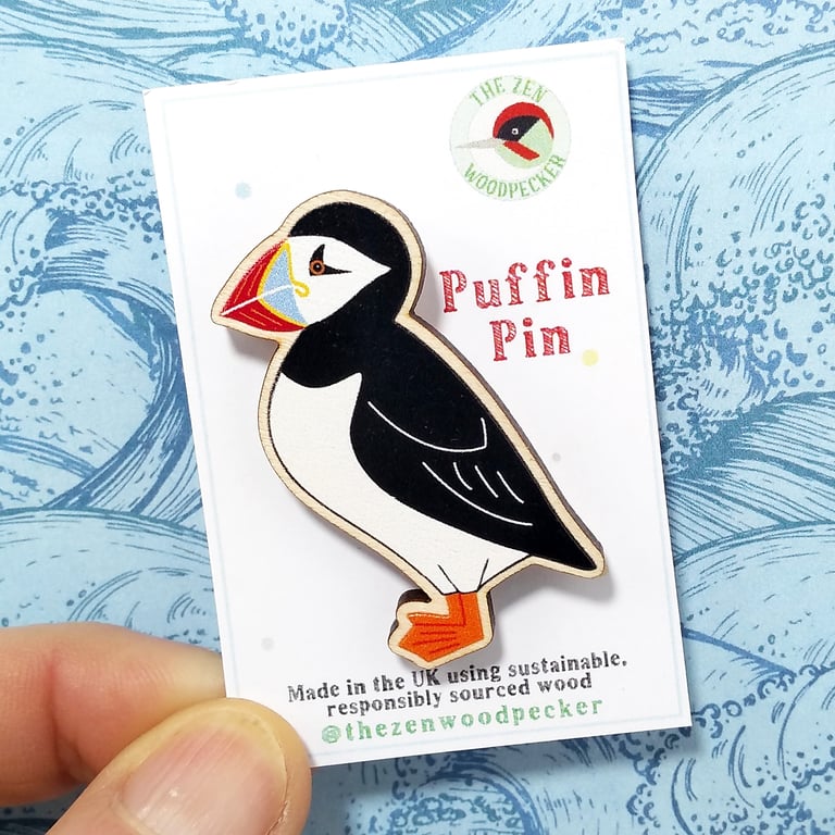Puffin Pin Badge, Wooden Bird Brooch, Seabird Pin Badge